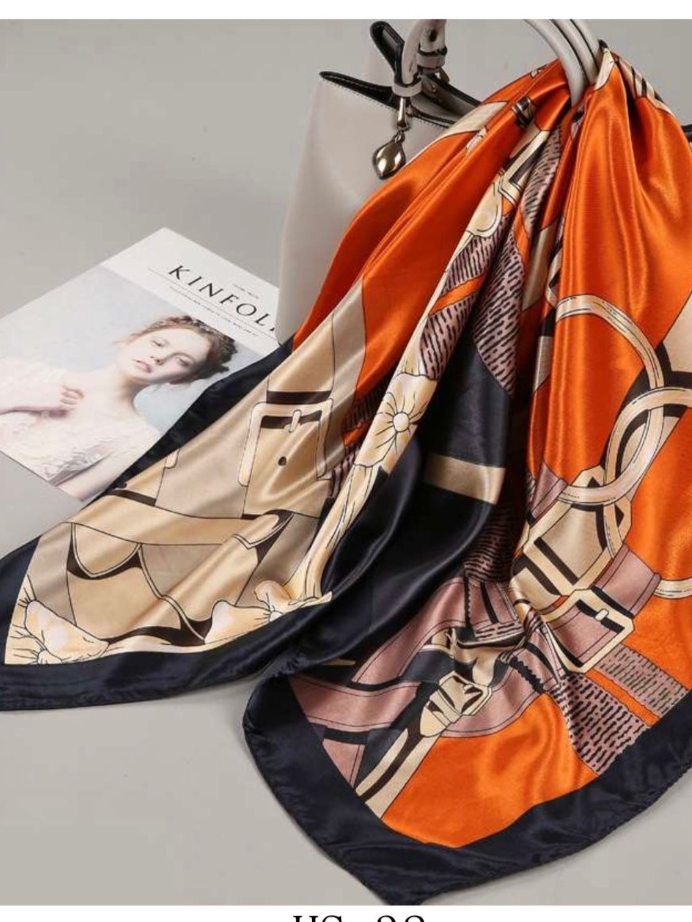 Silky Orange & Black Patterned Square Scarf
